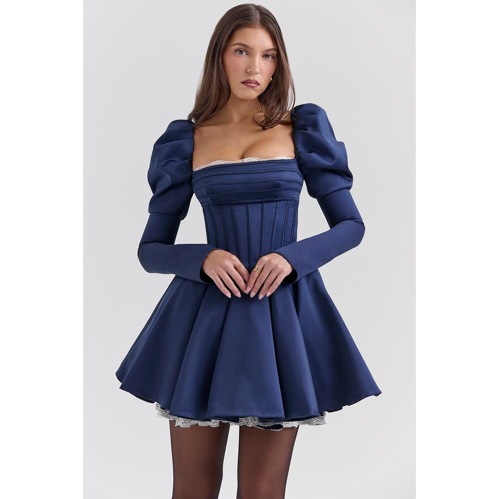House of CB Venetia Midnight Satin Puff Sleeve Mini Dress